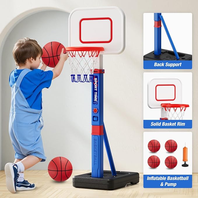HYES Toddler Basketball Hoop, 55" Height Adjustable Basketball Hoop for Kids 3-5, Kids Basketball Goal, Indoor Outdoor Sport Toys Christmas Birthday Gifts for Baby Boys Girls