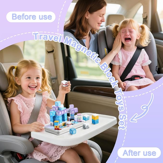 QOUBAI 45PCS Mini Magnetic Blocks Travel Toys, Magnet Building Cubes Tiles Set with Portable Iron Case, Learning Activities Gifts for Kids Toddlers Boys & Girls Ages 3-8 (Ice World)