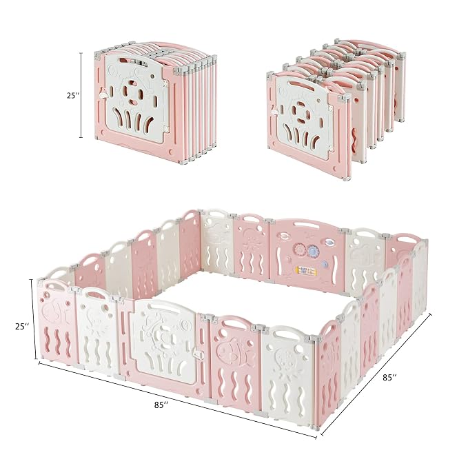 Albott Baby Playpen, Upgraded 22 Panels Foldable Baby Fence with Game Panel and Safety Gate, Adjustable Shape, Portable Play Yards for Children Toddlers Indoors or Outdoors (Pink+White, 22 Panel)