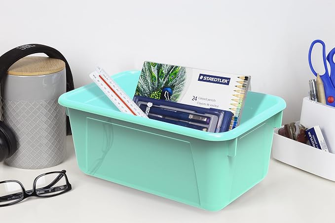 Storex Small Cubby Bins – Plastic Storage Containers for Classroom with Non-Snap Lid, 12.2 x 7.8 x 5.1 inches, Teal, 5-Pack (62412A05C)
