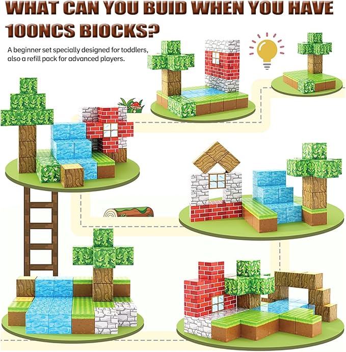 Forest Theme Magnetic Blocks 100pcs STEM Educational Building Cubes | Boys & Girls Age 3-5 6-8 9-11 12-14, Montessori Inspired, Magnet World Construction Set, Child Construction Toys