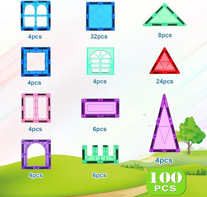 Magnetic Tiles 100PCS Kids Toys - Magnetic Building Blocks STEM Magnet Building Set Preschool Learning Magnet Toys for Kids Ages 3-5 4-8, Sensory Montessori Toy for Toddlers 3+ Year Old Boys Girls