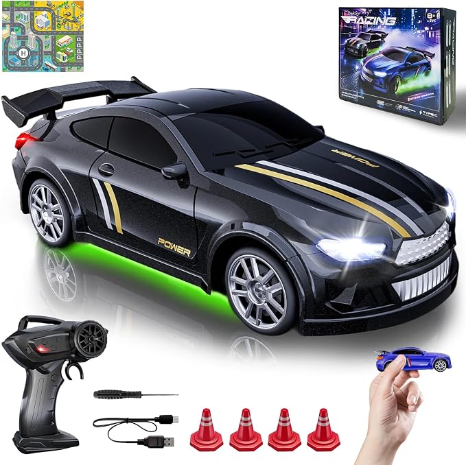 Mini RC Car 1:64 Scale, Remote Control Car with LED Lights & 2-Speed Modes, 2.4GHz RC Drift Car Toys with 4 Obstacles & Track Mat, Hobby Gift for Kids & Adults, Black
