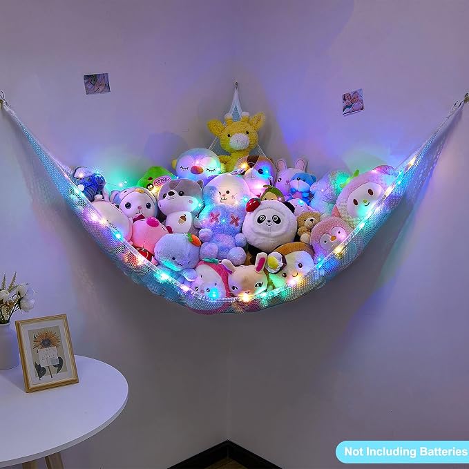 Unicorn Castle Stuffed Animals Net or Hammock Kids Toy Storage Organizer with LED Light Hanging Corner Stuffed Animals Holder Kids Girls Room Decor,Blue,Large (Pack of 1)