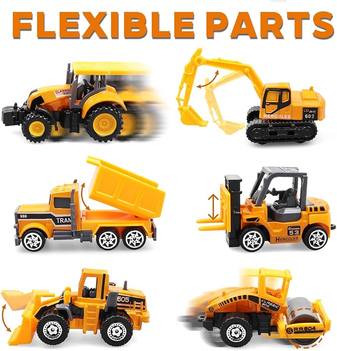 6 Pack Diecast Construction Vehicle Toys – Mini Construction Truck Set with Excavator, Dump Truck, Bulldozer & Mixer for Boys Girls Ages 3+, Birthday Party Favors & Goodie Bag Stuffers