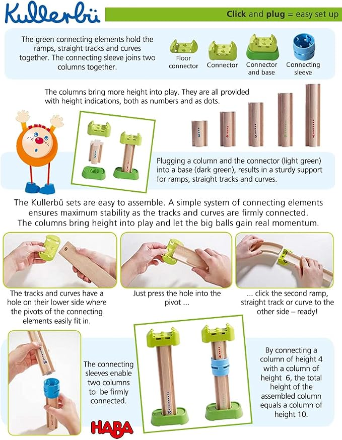 HABA Ball Run Building Set, Kullerbu 8 Piece Expansion Set, STEM Toys for 2-6 Year Olds, Floor Connectors for Flat Tracks, Marble Runs and Marble Maze