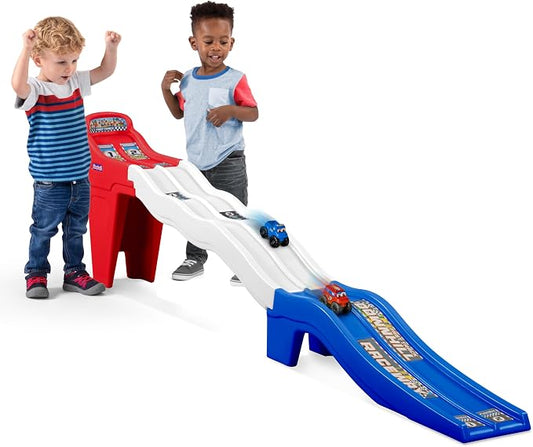 Simplay3 Fast Track Downhill Toddler Race Track Toy with Dual Lane Car Ramp Racing Set, Includes 2 Toy Cars, Indoor Active Play Raceway, Red/White/Blue