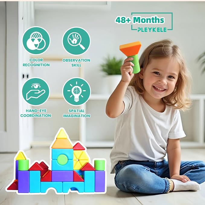 Magnetic Building Blocks, Multi 3D Shapes Set, 36 PCS for Kids Ages 4+ | 6 Colors, Large 1.65 Inch Magnetic Blocks, 6 Types of 3D Multi Shape Design