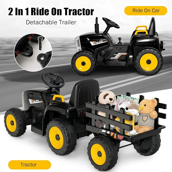 Costzon Ride on Tractor with Detachable Trailer, Kids' Electric Vehicles w/3-Gear-Shift Ground Loader, Wireless Design & USB, 7 LED Headlights, Remote Control Tractor Toy for Kids 3+ (12V, Black)