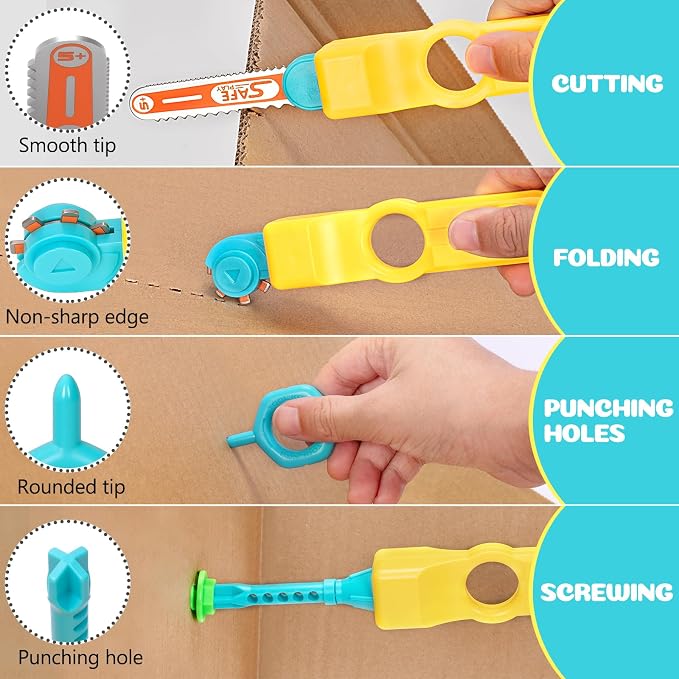 Cardboard Tools for Kids, 129 PCS Cardboard Construction Kit, Kids Building Set with Safe Serrated Cutter, Crease Roller, Screws & Nuts, Creative STEM Educational Toys Gift for Boys and Girls Age 5+
