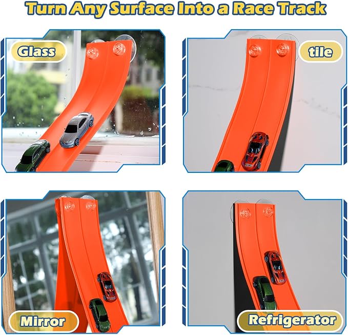 Upgrade Flexible Race Track Flex Tracks for Kids 3+, 15Ft Race Car Track Compatible with Diecast 1/64th Cars, Flexible Car Track Roll Up Car Ramp Toy with Strong Suction Cups (Persimmon)