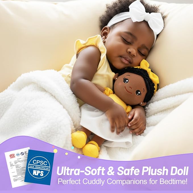 OUOZZZ 12.6" Soft Black Baby Doll - Toys for 1 Year Old Girl Gifts, African American Baby Dolls Birthday Gifts for 1 Year Old Girl Plush Toys Gift for Toddler Kids Yellow Bow-tie