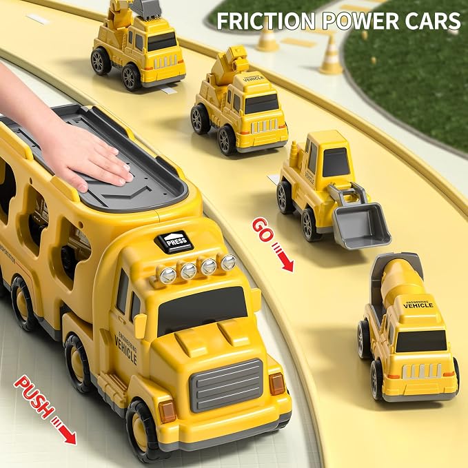 TEMI Construction Truck Boy Toys for 3-5 Year Old Toddlers - Toys for 3 4 5 6 7 Years Old Engineering Transport Vehicle Carrier Truck, Kids Excavator Crane Gifts Toys for Boys and Girls Aged 4-6