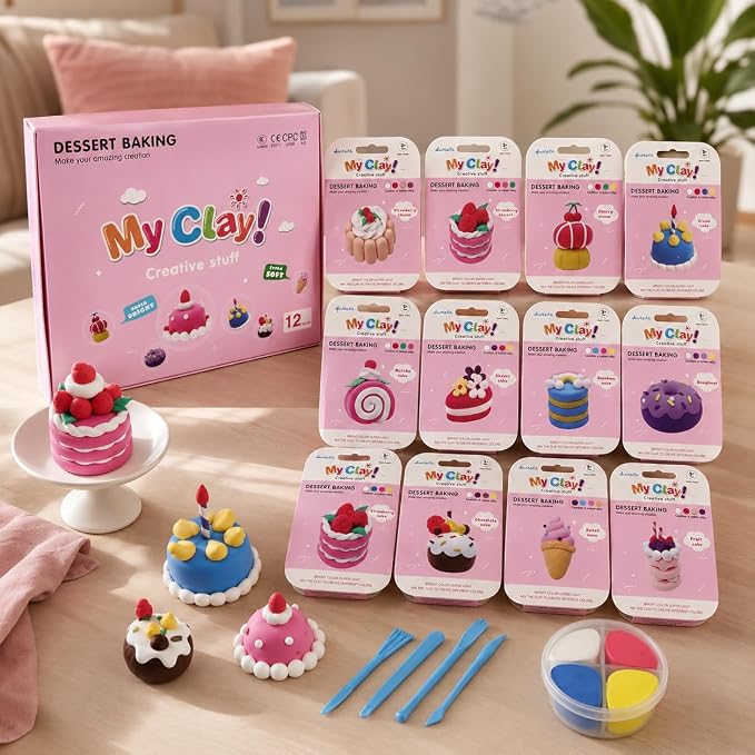 Air Dry Clay Kit for Kids, 12 Dessert Baking Modeling Clay for Kids, DIY Model Magic Clay with Tools and Tutorials, Soft&Non-Sticky, Safe&Non-Toxic Magic Clays,Creatible Art Crafts Toys Gifts