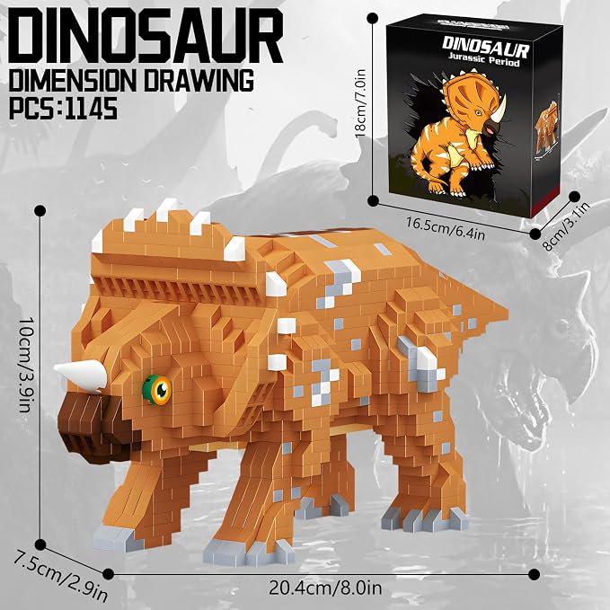 CSNRHG Dinosaur Triceratops Building Blocks Model Decor Micro Mini Blocks Toy Birthday for Age 6+ Children Adults Teens 1145 Pieces