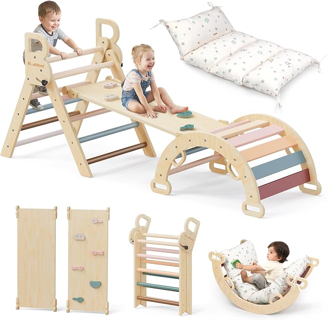 BlueWood Pikler Triangle Set with Cushion, 8-in-1 Climbing Toys for Toddlers, Montessori Philosophy Play Jungle Gym with Arch, Ramp, Ladder(Mauve Pink)