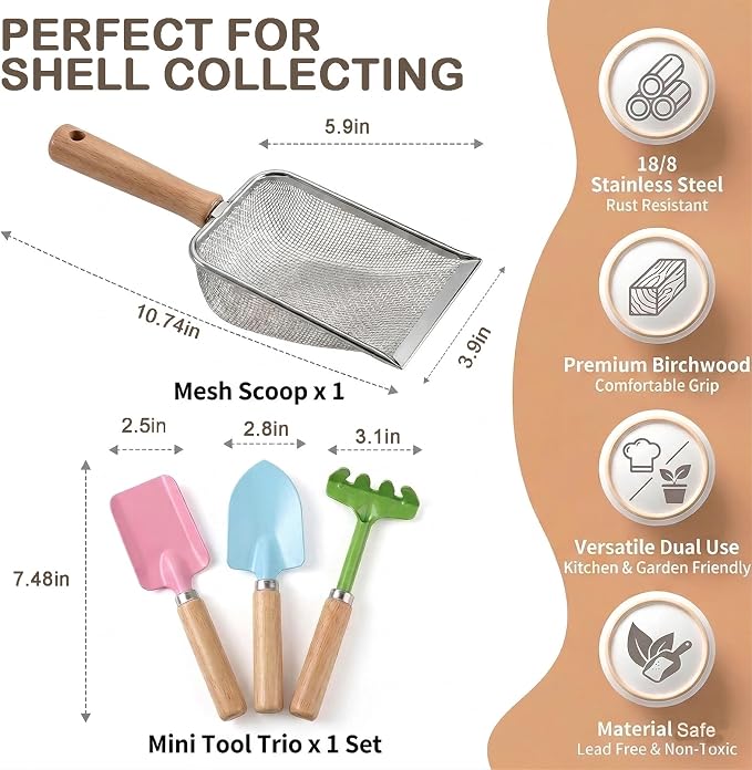 Beach Sand Toys for Kids Toddlers, Beach Mesh Shovel Rake Set with Sifter & Shell Clipping Tongs, Travel Mesh Scooper for Digging, Sifting Collecting Shells, Shark Tooth Sifter Dipper for Boys Girls