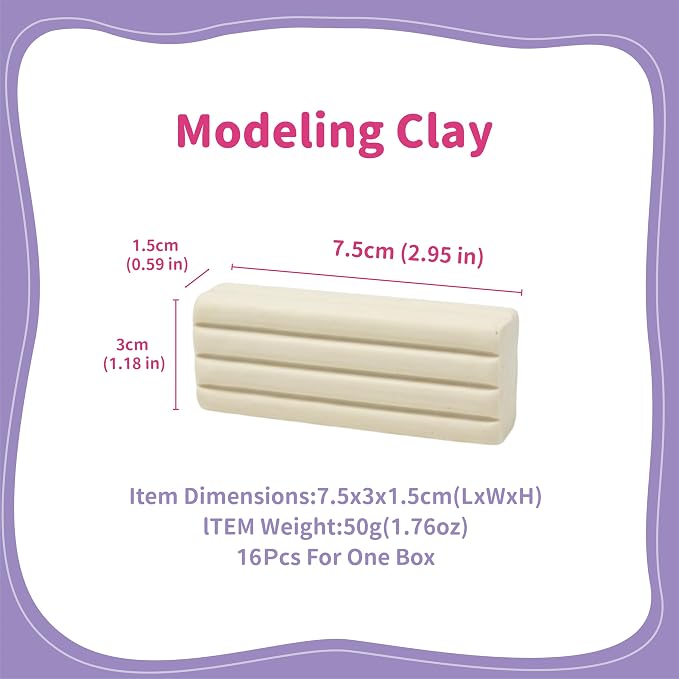 White Oil Based Modeling Clay, Non-Hardening Reusable Plasticine, Non-Toxic Sulfur-Free Professional Sculpting Clay for Molding & Prototyping (16 Pack, 50g Each, 800g Total)