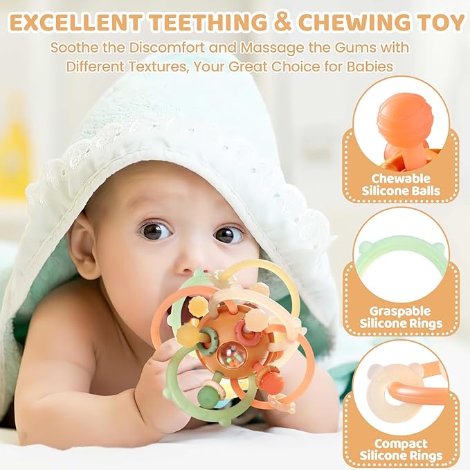 Baby Rattle Teething Toys, Baby Ball Teether Toys for 0 3 6 9 12 18 Months, Silicone Montessori Teethers with Rattle Ball for Newborn Infant, Sensory Delopmental Gift for Boys Girls, Brown