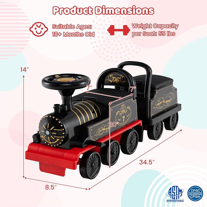 Costzon 2-Seater Ride on Train with Carriage, 6V Ride on Toy w/Under-Seat Storage, Footrests, Train Whistle, Music & Colorful Flashing LED Lights, Electric Car for Kids Aged 18+ (2 Seaters, Black)