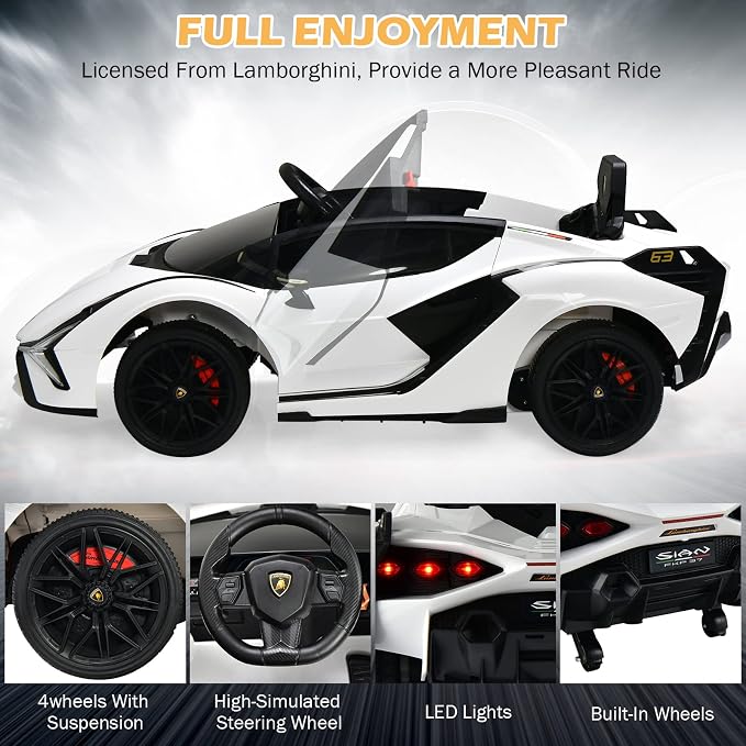 INFANS 12V Licensed Lamborghini Sian Kids Ride On Car with Parent Remote Control, Spring Suspension, MP3 Player, Electric Toy Roadster Carbon Fiber Textured for Toddler (White)