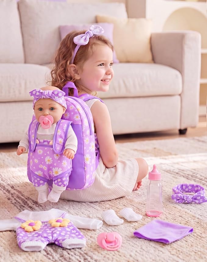 12" Flower Pattern Baby Doll With Backpack Carrier Can Store Clothes and Accessories,12 Inch Baby Dolls Set In Gift Box With Hanky Pacifier Bottle Pretend Baby Care Toy For Girl Child Toddler 3+ Gifts