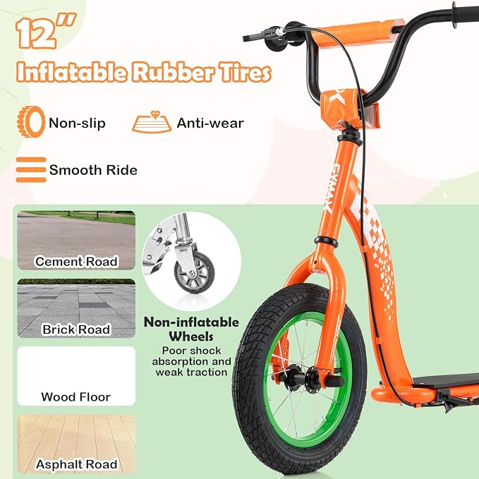 GYMAX Scooter, Kick Scooter for Adults, Teens, Kids with Adjustable Handlebar, 12” Inflatable Wheels, Front Caliper Brake & Non-Slip Deck, Heavy Duty Off-Road Scooter