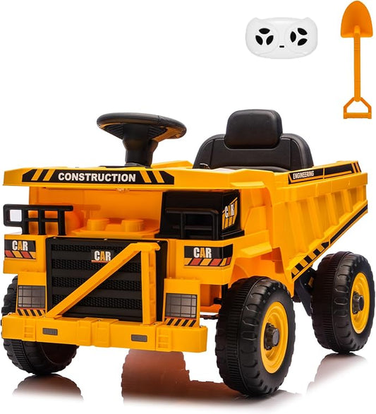 12V Ride On Dump Truck Kids Ride On Car for Kids, Battery Powered Electric Car with Remote Control, Electric Dump Bed, Wear-Resistant Tires, 4 Wheels Tractor Ride On Toys, Yellow