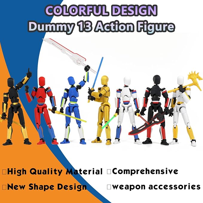 5-Pack Titan 13 Action Figure, 3D Printed Multi-Colored T Dummy 13 | Already Assembled T Lucky13 Action Figure Set with Laser Saber Dummy 13 Robo Nova 13, Figura de acción 13