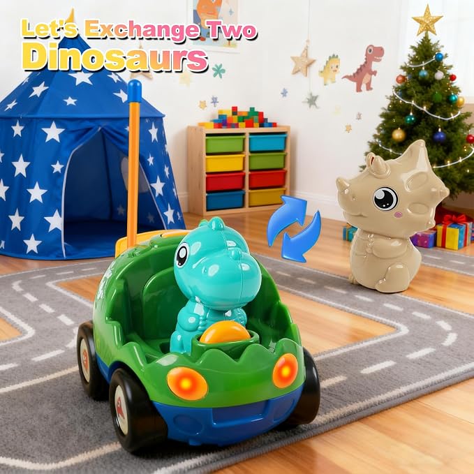 MagicKidz Dinosaur RC Car for Kids - 2-Pack Remote Control Dino Toy Cars for Boys Toddlers Ages 18+ Months, 2 3 4 5 Year Old, Birthday Gifts with Lights and Music