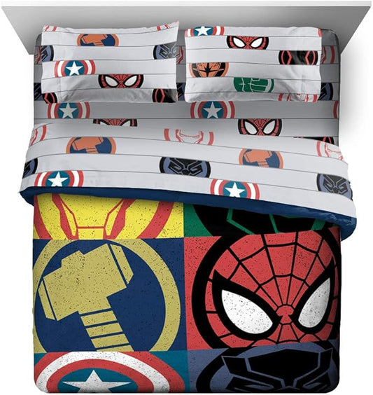 Jay Franco Marvel Avengers Emblems 7 Piece Queen Bed Set - Includes Comforter & Sheet Set Bedding - Super Soft Fade Resistant Microfiber (Official Marvel Product)
