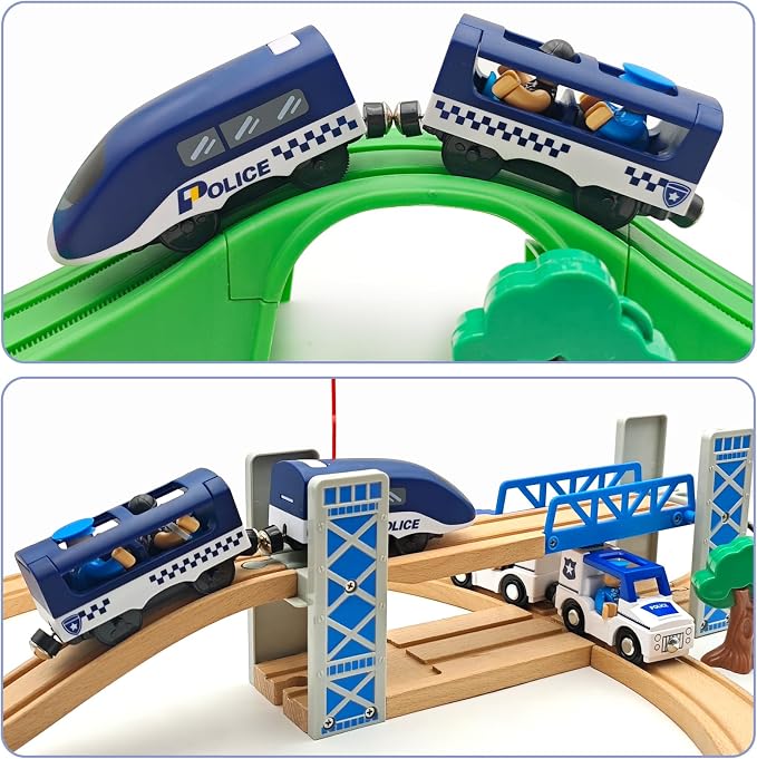 Battery Operated Police Train for Wooden Train Tracks with Figures Kids Magnetic Wooden Trains Set for Toddlers Boys 3-5 4-8 (Without Battery and Tracks) (Blue)