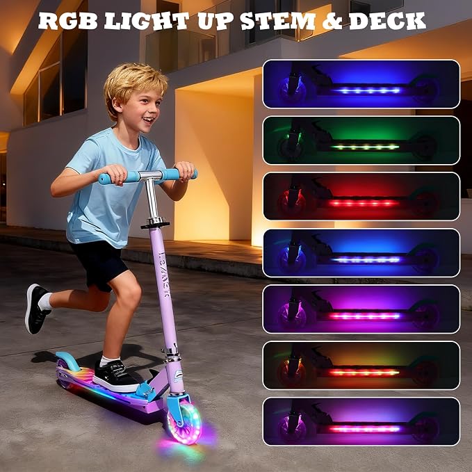 Scooters for Kids with Light-Up Wheels, Stem and Deck, Lightweight Foldable, 3 Adjustable Height Scooters for Kids 8-12