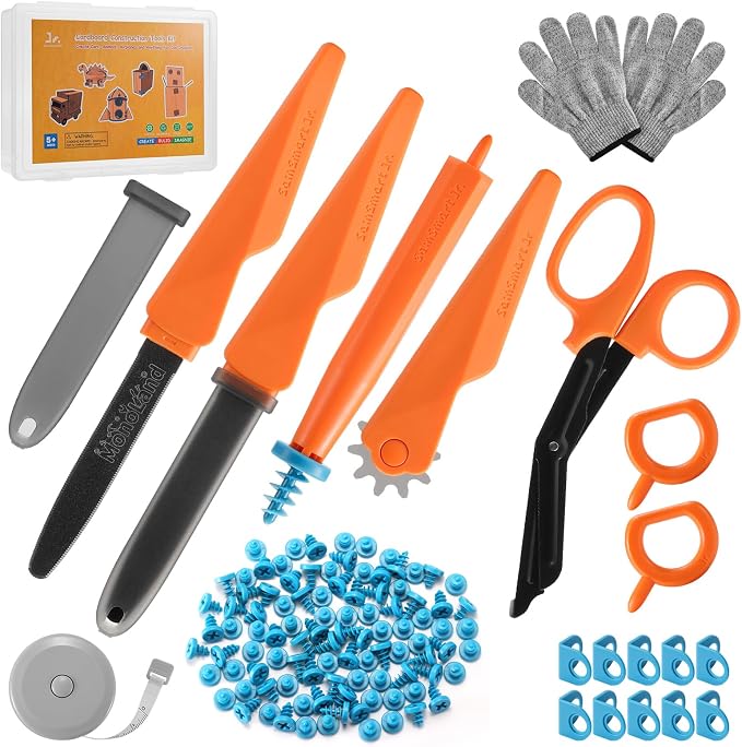 SainSmart Jr. Cardboard Tools for Kids with Safe Cutter, Tool Box & Tape Measure, 120 PCS Cardboard Construction Kit for Family & Classroom Activities | Reusable Cutting Tools for Boys & Girls Age 5+