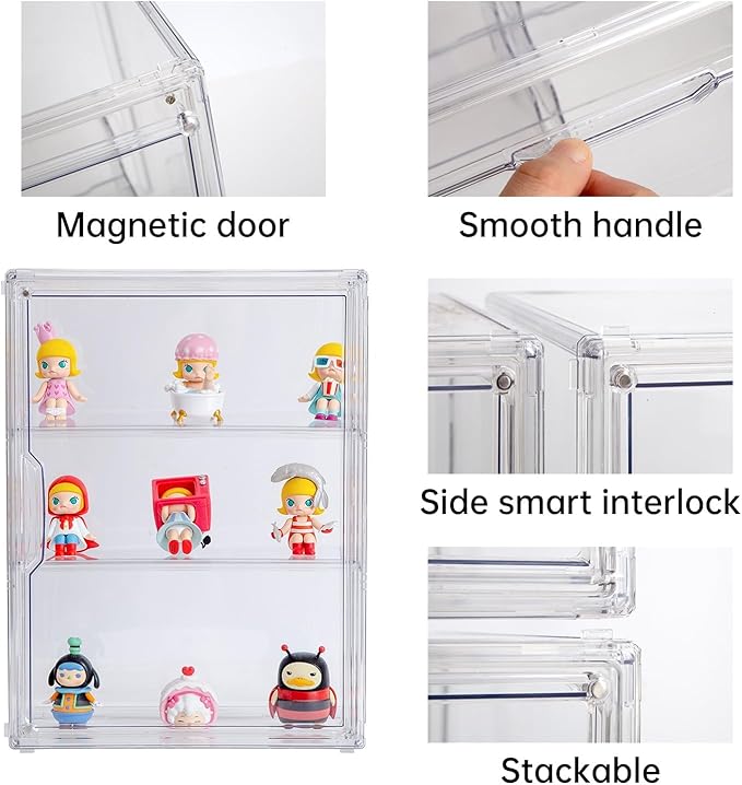 BOHOIDEE 3 Tiers Clear Display Case for Figures, Acrylic Storage Organizers Box with Magnetic Door, Wall-Mounted Dustproof Showcase for Collectibles Action Figure(2PACK Wall-Mounted Medium)