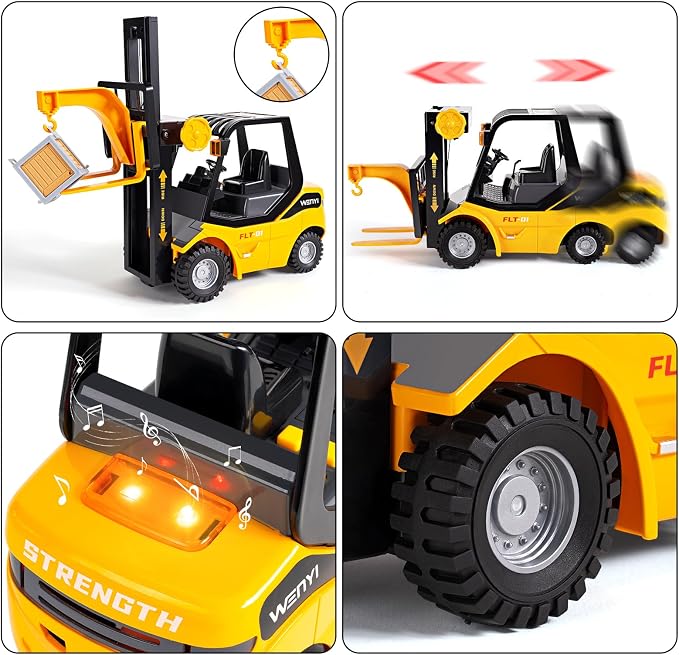 11.8 Inch Friction Powered Toy Forklift Truck with Lights & Sounds, 1/16 Scale Construction Vehicle with Pallet & 2 Cargo Boxes, Push Car for Toddlers Age 3, 4, 5 Boys Girls - Easter Gifts