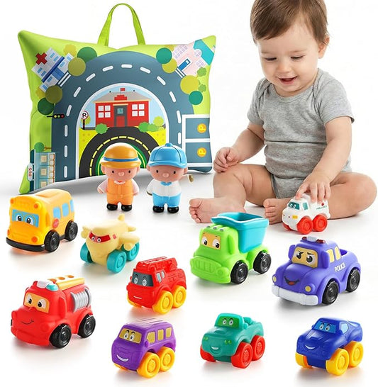 ALASOU 12 PCS Soft Rubber Car Toys for 1 Year Old Boy with Playmat/Storage Bag|Baby Toys 1 Year Old Boy Gifts for Toddler Toys 1-2|1st Birthday Gift for Infant 12 18 Months