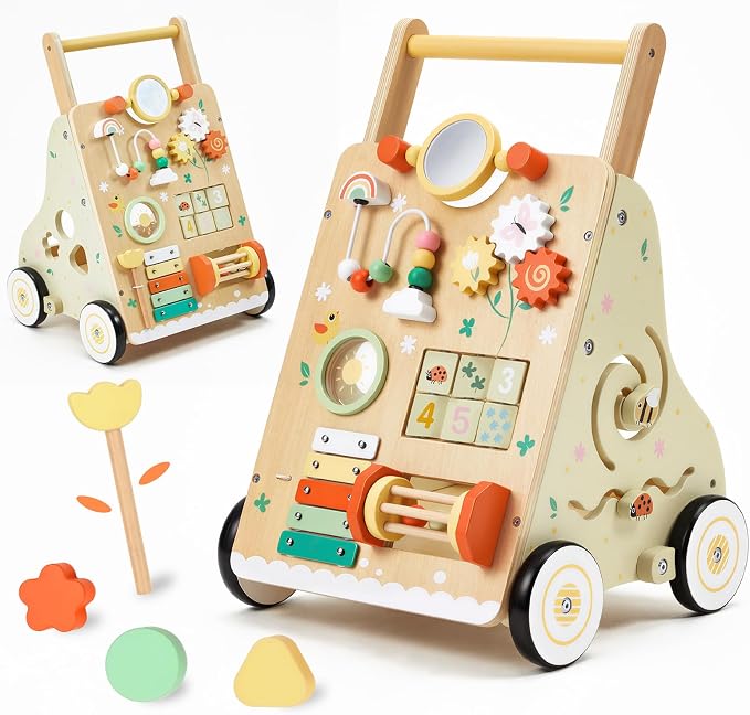 Wooden Baby Push Walker with 9-in-1 Activity Center for Boy Girl 1Y+ | Push Walker with Wheels for Toddler Infant Learn to Walk & Sit-to-Stand, First Birthday Toy Gift for 1-3 Year Old