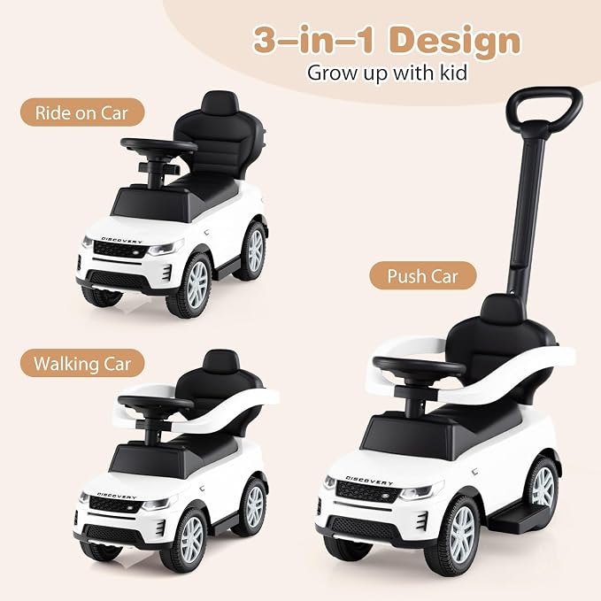 OLAKIDS Push Car for Toddlers, 3 in 1 Licensed Landrover Baby Ride on Toy with Parent Control Handle Safe Guardrails, Kids Sliding Walker with Under Seat Storage Horn for Boys Girls (White)