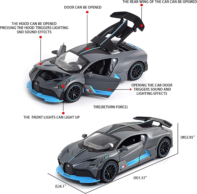 1:32 Bugatti Toy Car Divo Metal Model Diecast Cars with Light and Sound Pull Back Toy Cars for Boys Kids Gift (Divo-Grey)