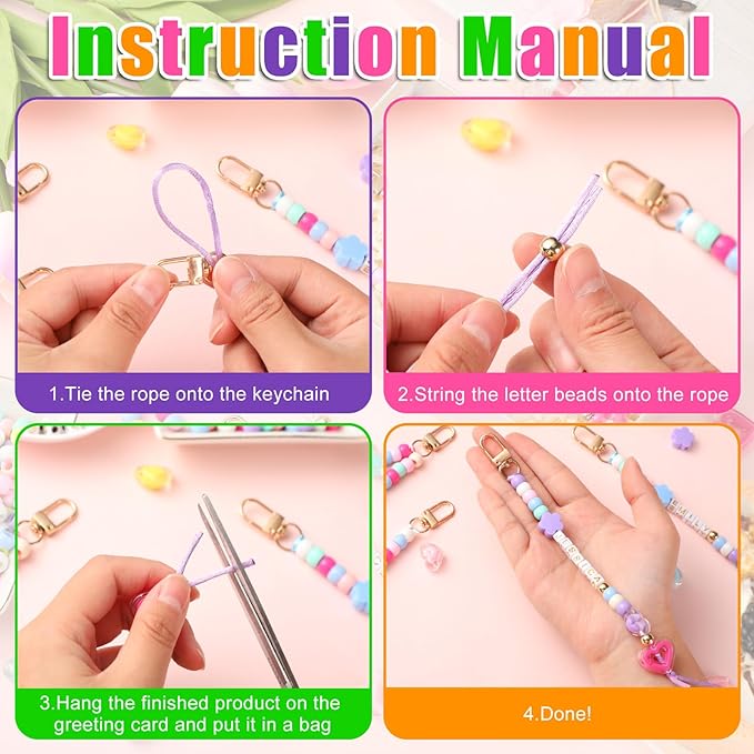 Landical 564 Pcs DIY Bead Keychain Kit Heart Shaped Key Chain Making Craft Adjustable Letter Name Beads String Mama Gift Alphabet Jewelry Backpack Accessories Holiday Party Favor(Flower,Clear Color)