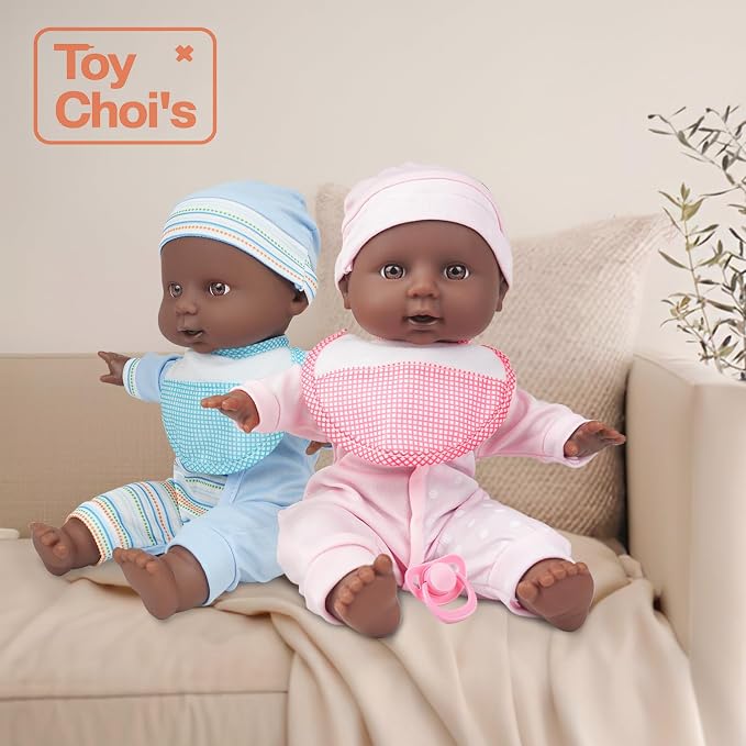 Toy Choi's Twin Baby Dolls 12 inch Soft Black Body Doll Set, Babydoll Playset with Rompers, Hat, Pacifier and Doll Bibs, Gifts Toys Toddlers Kids Boys and Girls