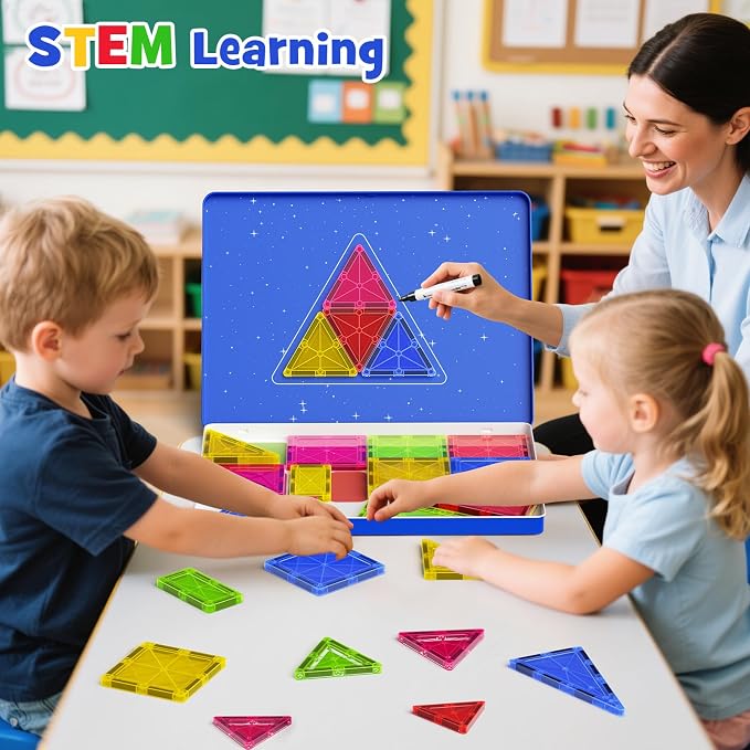 Jumbo Magnetic Tiles with Secure Metal Case, 32 Pcs Large Magnetic Building Blocks for Kids 3-8, STEM Toys for Toddlers, Preschool Learning Montessori Toys, Age 3+ Boy Girl Gift