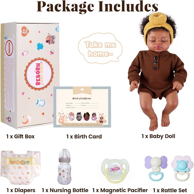 BABESIDE Black Reborn Baby Dolls, 17 Inch Realistic Black Newborn Lifelike Real Life Baby Dolls Soft Vinyl & Cloth Body with Feeding Kit Gift Box for Kids Ages 3+