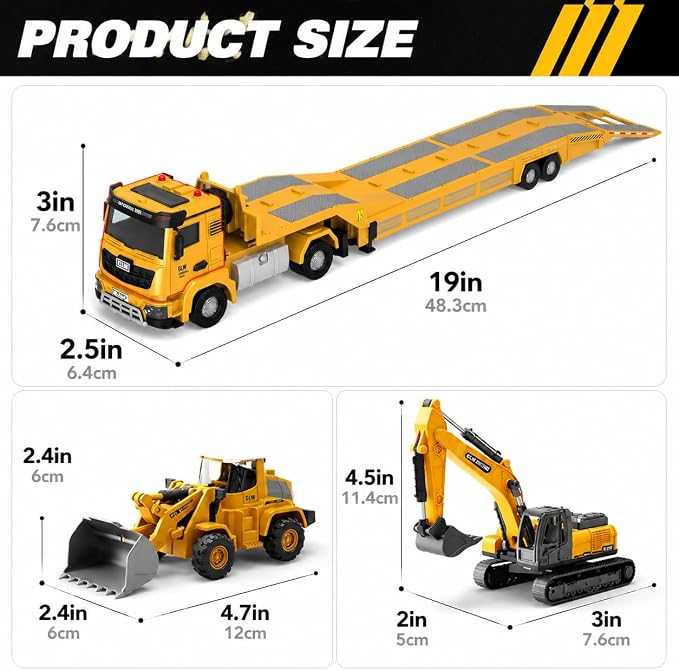 Alloy Die-Cast Construction Vehicles Toys Set w/Semi Truck, Excavator & Bulldozer - Real Lights & Sounds, Movable Parts - Learning Toys Gift for 3-7 Year Old Boys Girls