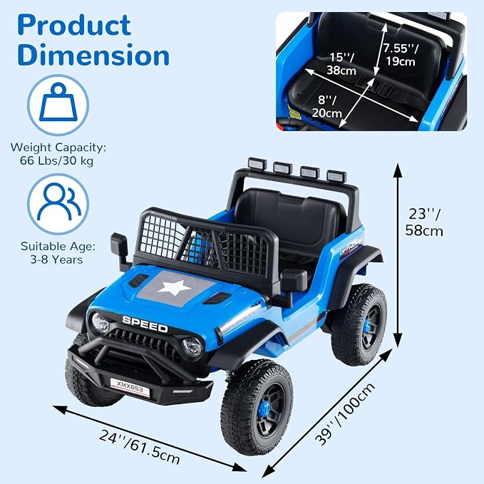 OLAKIDS 24V Ride on Car with Remote Control, Bluetooth, LED Lights, Horn, Spring Suspension, High/Low Speeds, Soft Start for Kids Aged 3+ (Blue)
