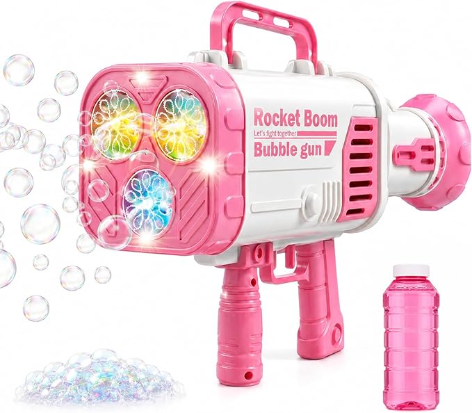 Pink LED Bubble Machine for Girls, High Output Bubble Blower | Pink LED bubble machine with high-output bubbles for backyard, pool, beach, and party fun, great gift for girls age 3+.