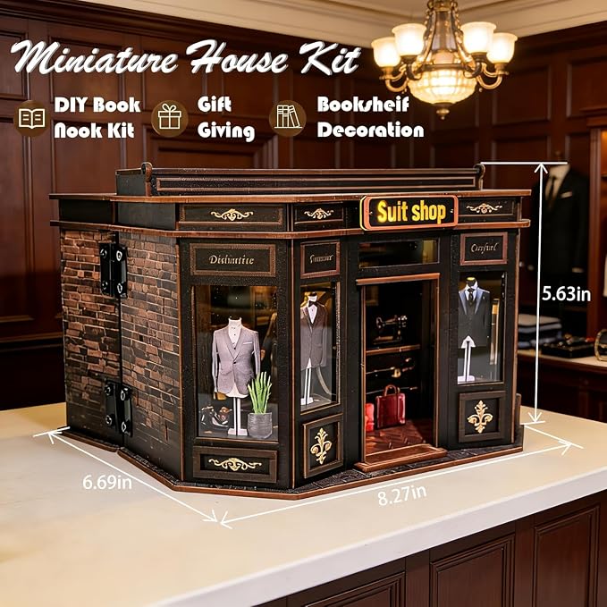 Book Nook Kit LED Wooden Miniature Suit Shop, 3D DIY Dollhouse Assembly Model with Crafted Interior, Creative Hobby Building Set for Adults