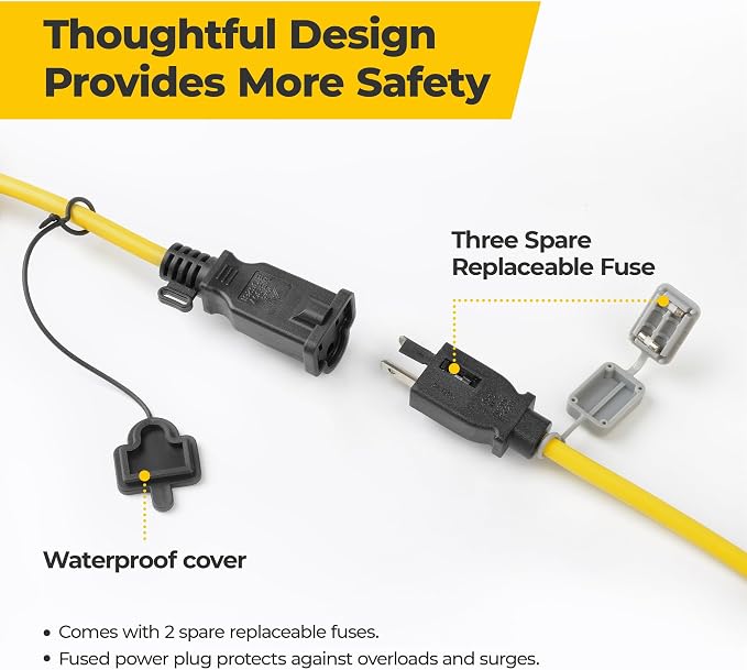 50FT 3 Prong 75W Construction String Lights with Switch, 5-Head LED Work Light, ETL Certified, 18/3 SJTW Cord, IP65 Waterproof, Linkable up to 12 Sets, for Jobsite, Attic, Garage