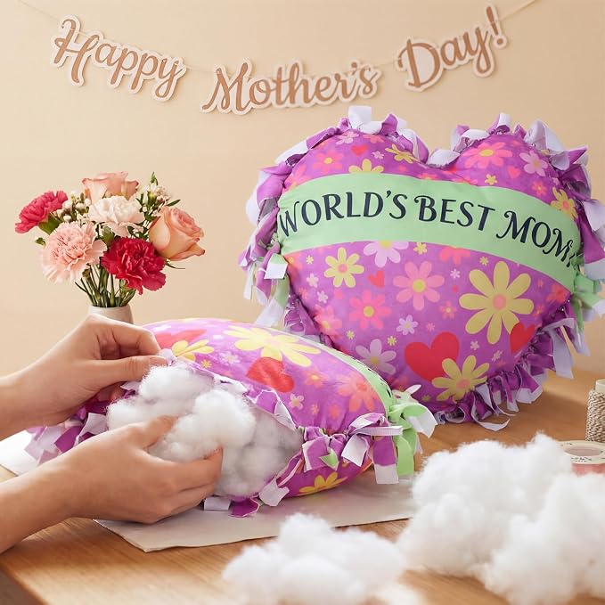 Weysat 6 Sets Mother's Day Heart Tied Pillow Craft Kit DIY World's Best Mom Pillow Craft Gifts with PP Cotton Flower Love Heart Cushion Covers for Love Grandma Wife Mother's Day Party Decor